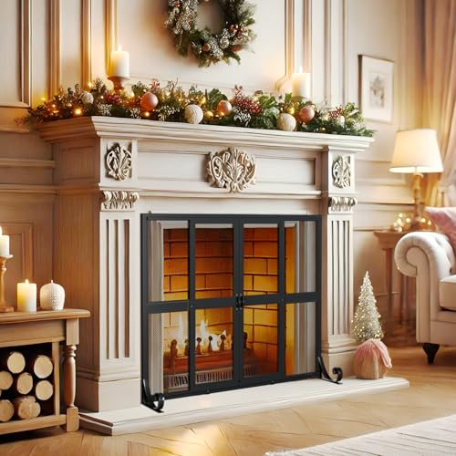 Fireplace Screen with Sliding Doors - Wrought Iron Spark Guard Cover 37.8 x 30.7 inches