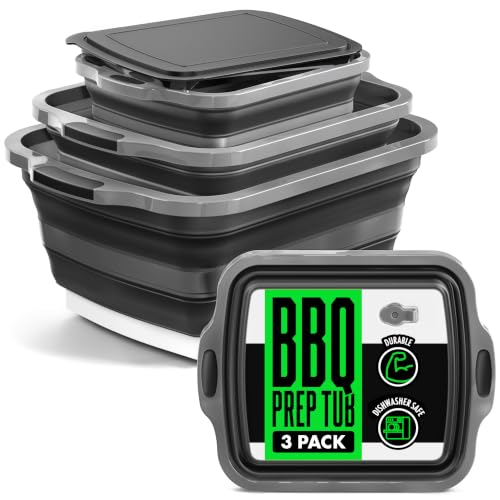 Black Collapsible BBQ Prep Tub Set - 3 Pack with Lids & Drain Spouts