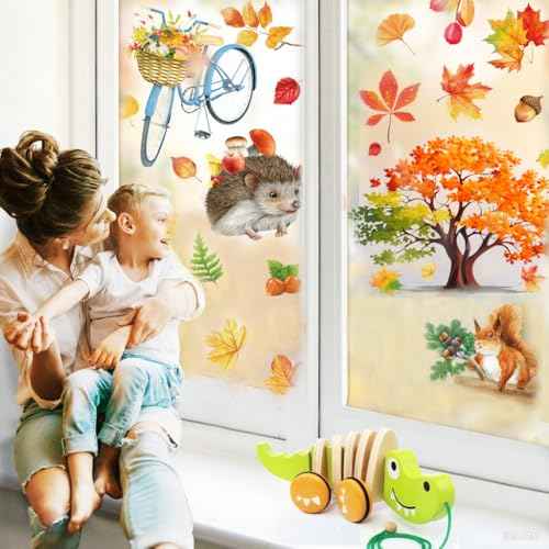 Fall Window Clings,Autumn Window Clings,Thanksgiving Decorations,9 Sheets Double-Side Pumpkin Leaves Window Stickers for Autumn Harvest Thanksgiving Home Party Shop Display Decoration