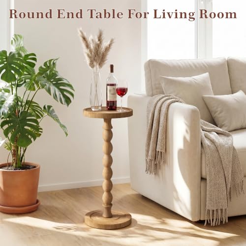 iFaveorr Brown Small Round Side Table 9.4"W x 23.8"H Rubberwood Accent Table