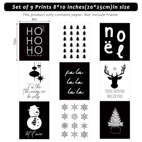 Whaline 9Pcs Christmas Wall Art Prints Xmas Tree Snowflake Paper Posters White Black Aesthetic Pictures for Home Office Room Gallery Party, 8 x 10 Inch, Unframed