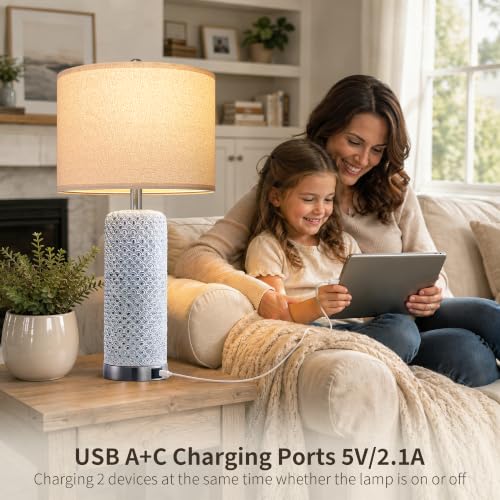 Antique Blue Farmhouse Table Lamps Set of 2 with USB A+C & 3-Way Touch Dimming