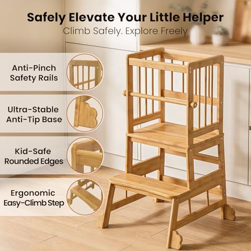 HBTower Kids Kitchen Step Stool with Safety Rails - Toddler Standing Tower, Eco-Friendly Bamboo, Easy Assembly