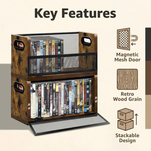 3 Pack DVD & Blu-ray Storage Racks - Wooden & Metal Media Organizer for 56 DVDs or 64 Blu-ray Cases