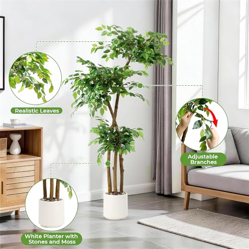 5FT Artificial Ficus Tree in White Planter with Moss & Pebbles - Realistic Home Decor
