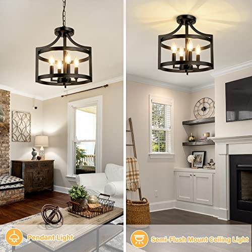 4-Light Farmhouse Chandelier Black Semi Flush Mount Ceiling Light - Adjustable Height, Rustic Style