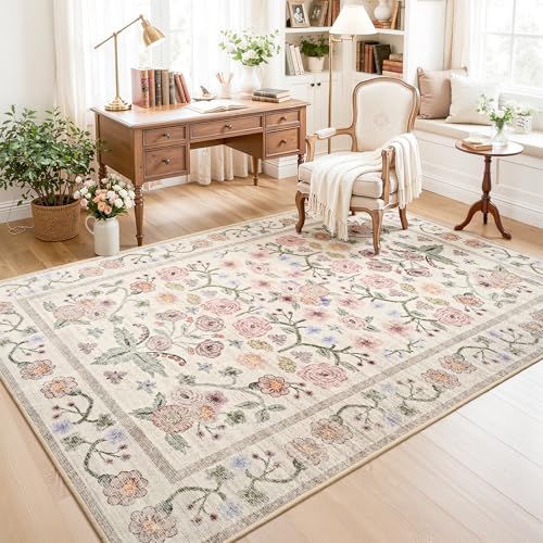 Floral Pink 8x10 Area Rug for Living Room & Bedroom Non-Slip Carpet with Rubber Backing