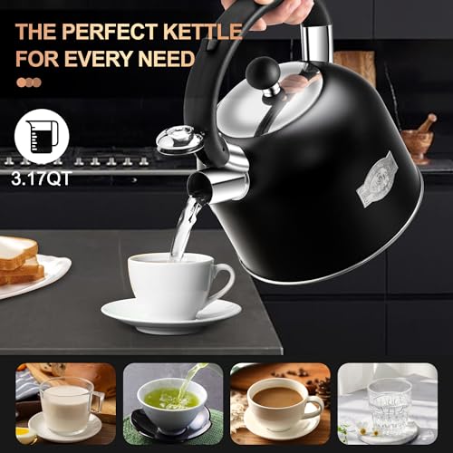 SUSTEAS Black 3.17QT Stainless Steel Whistling Tea Kettle for Stove Top