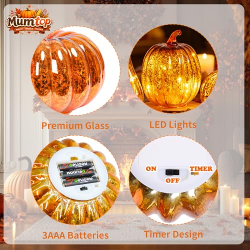 Mercury Glass Pumpkin Light Set - Orange Fall Halloween Decor, 3PCS