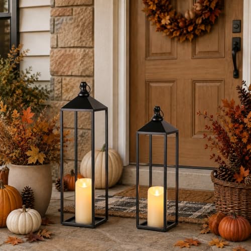 Large Outdoor Indoor Lantern Set of 2 - 22in & 19in Black Modern Top Flameless Candles