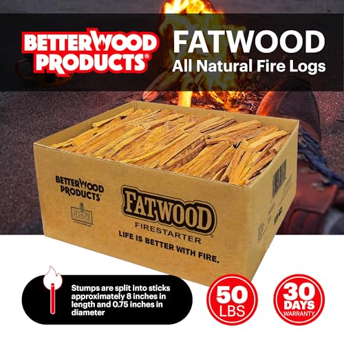 Better Wood Products 50 lbs Pine Fatwood Fire Starter Sticks - Easy Ignition for Campfires & Fireplaces (1 Pack)