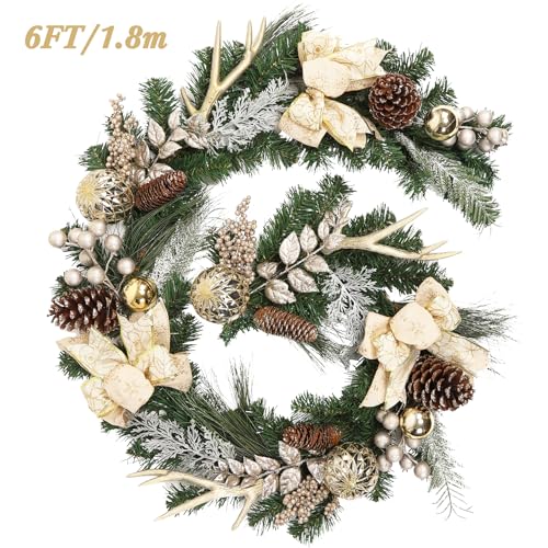 Takywep 6ft Champagne Gold Christmas Garland with Lights, Faux Pine, Decor Balls & Bows