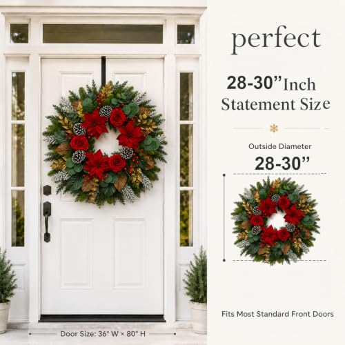 28-Inch Christmas Wreath for Front Door with Red Poinsettia & Rose Accents