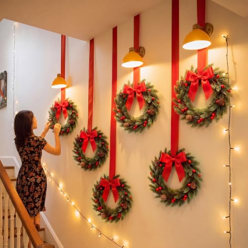 Rivvlive 6 Pcs 10'' Mini Christmas Chair Wreath with Red Satin Bow - Norfolk & Cedar Variants