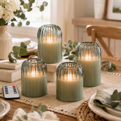 Green Glass Flameless Candles with Remote - Set of 4 LED Pillar Candles with Timer