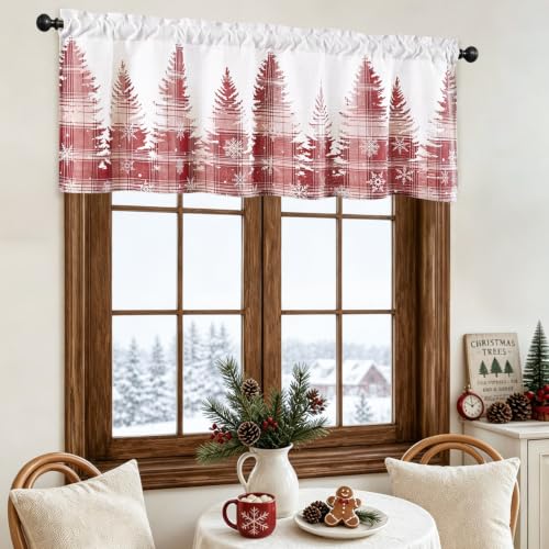 AtawLege Christmas Red Plaid Window Valance 52x18 Inches Snowflake & Tree Design