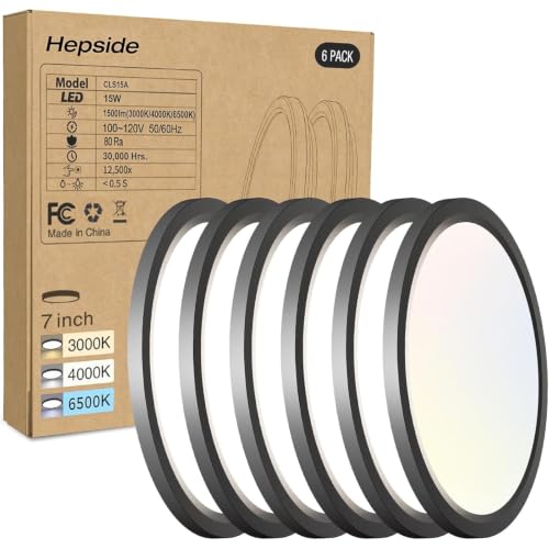 Black 7-Inch LED Flush Mount Ceiling Light 6 Pack - Dimmable 3000K-6500K