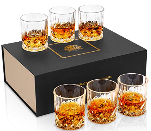 Set of 6 Whiskey Glasses - Elegant Crystal Liquor Tumbler for Scotch, Rum & More
