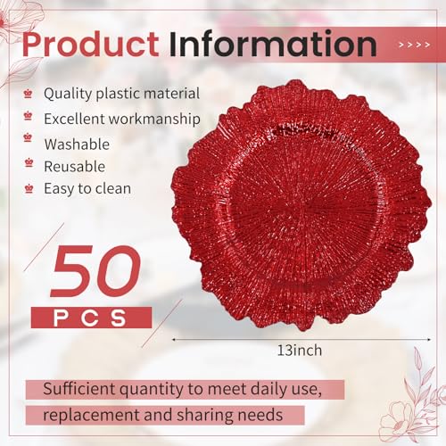 REWOMC 50 Pcs Red Reef Charger Plates 13 Inch Bulk Decorative Dinnerware