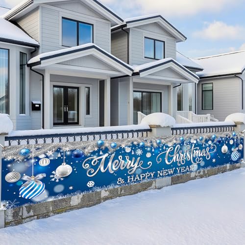 Blue & Silver Merry Christmas Yard Banner 118x24in - Dual Holiday Backdrop