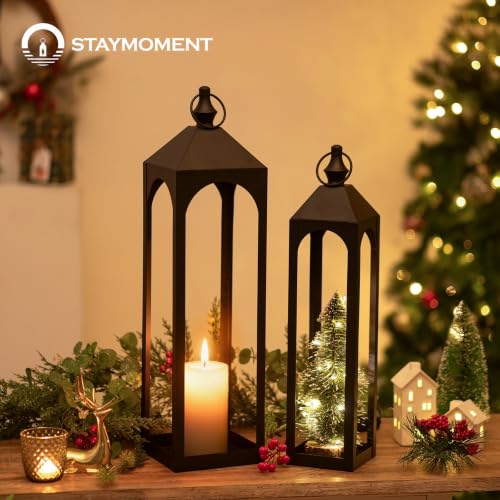 24-Inch & 20-Inch Outdoor Floor Lantern Set - Waterproof Rust-Resistant Black Porch Decor