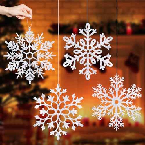 Large Snowflakes Ornament AORZIT 12 Inch Oversized Christmas Ornaments Glitter Giant Hanging Snowflakes Decorations for Christmas Tree Winter Indoor Outdoor Xmas New Year Party 4Pcs, White
