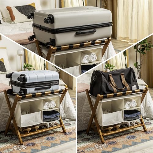 DomeNest Walnut Bamboo Folding Luggage Rack with Storage Shelf & Laundry Bag