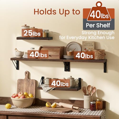 Wall Mounted Floating Shelves Set of 4 - Rustic Brown, 16 Inches - C. Rustic Brown Board & Black Brackets