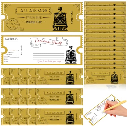 200 Pcs Christmas Express Train Tickets - Gold Party Invites (Gisafai) 7.9x3in