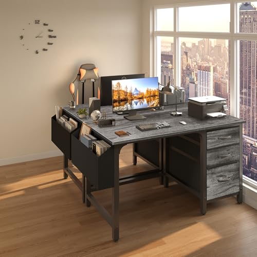 Gray Computer Desk with File Drawers - 46.6-Inch Home Office & Gaming Table