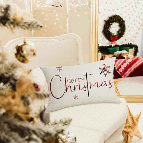 Christmas Pillow Covers 12 x 20 Inch Set of 2 Merry Christmas Believe White Throw Pillow Covers Winter Xmas Winter Holiday Decorative Cushion Cases for Sofa Couch