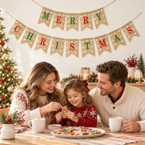 JijAcraft Pre-assembled Burlap Christmas Banner - Merry Christmas (Red & Green) Indoor Outdoor