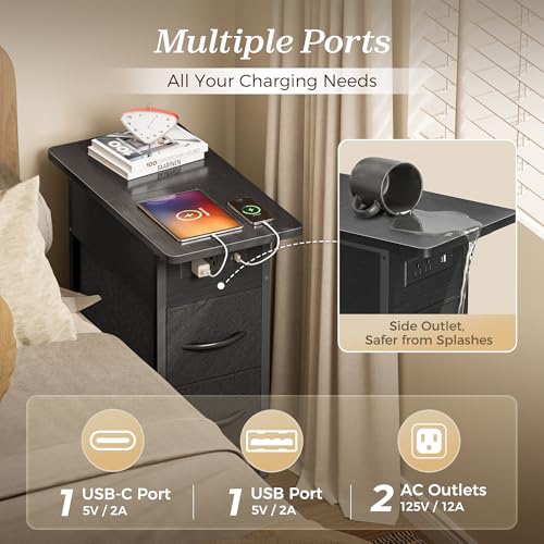 Huuger Black Narrow End Table with Charging Station - Slim Side Table with 2 Drawers