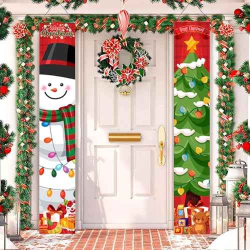 Christmas Decorations Outdoor Yard Front Porch Sign Set, Big Snowman Christmas Tree Christmas Door Banners, Hanging Merry Christmas Door Banner for Home Indoor Outdoor Wall, Front Door, Yard, and Garage Xmas Decor