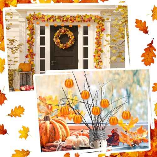 12 Pcs Halloween Pumpkin Ornaments Fall Mini Pumpkins Ball Hanging Tree Ornament for Thanksgiving Harvest Home Party Decorations