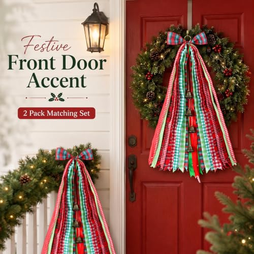 Large Christmas Plaid Wreath Bows with Bells - 2 Pack, 30x20 inches