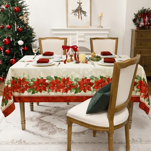 Romanstile Christmas Red Poinsettia Jacquard Rectangle Tablecloth 60x120 Inch Holiday Decor