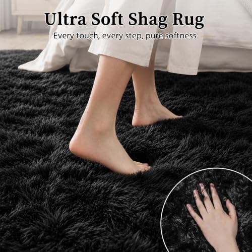Black 8x10 Shag Area Rug - Ultra Soft Washable Modern Carpet for Living Room & Bedroom