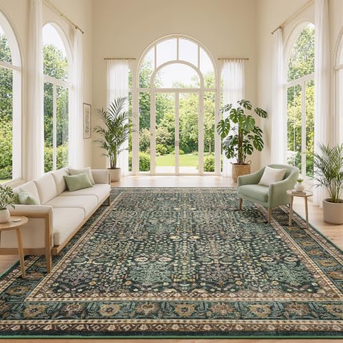 Dark Green 9x12 Washable Area Rug for Living Room Non-Slip Boho Carpet