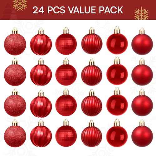 JOIEDOMI 24 Pcs Red Christmas Balls Ornaments Set, 1.6" Small Shatterproof Christmas Tree Ornaments, Xmas Hanging Balls Decorations for Tree Wreath Garland Holiday Wedding Party Indoor Decor