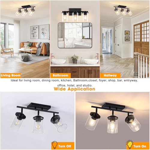 Black 3-Light Semi Flush Ceiling Light with Glass Shades - Adjustable Track Mount