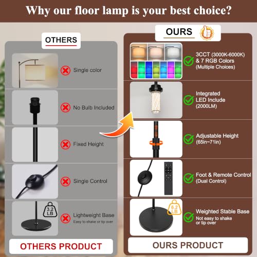 LED Floor Lamp with RGB & Adjustable Color Temperature - 65-71 Inches, Beige Flaxen Shade