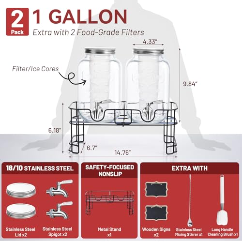 2 Pack Glass Drink Dispensers 1 Gallon with Stainless Steel Spigot & Filter - Leakproof for Parties