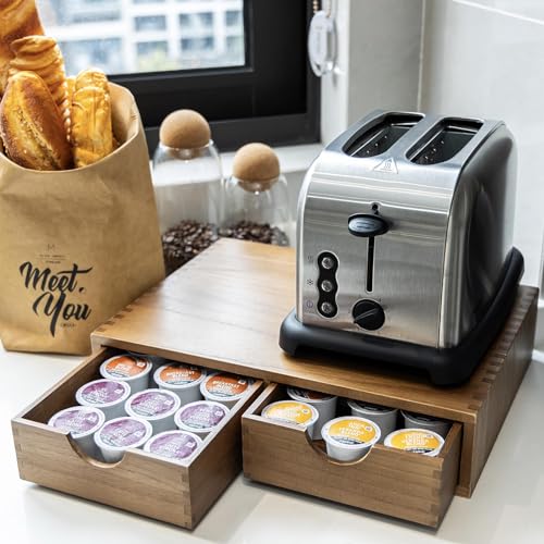 Wooden K Cup Organizer Coffee Pod Storage Box with 2 Drawers - Fits 30 Pods