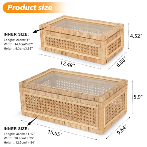 Large Handwoven Boho Rattan Display Boxes with Glass Lids Set of 2
