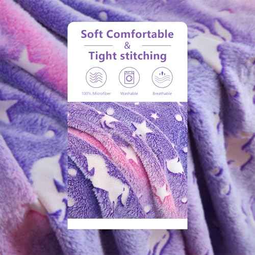QSTEHEML Unicorns Glow in The Dark Blanket for Girls,Unicorn Gifts for Girls Age 3 4 5 6 7 8 9 10 11 12 Year Old, Soft Unicorns Purple Blanket - Christmas Birthday Bedroom Decor 50"¡¿60"
