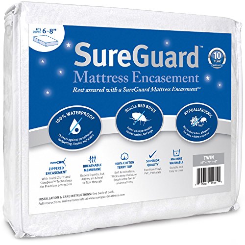 Twin Mattress Encasement 6-8 in. Waterproof Bed Bug Proof Hypoallergenic Cotton Top Cover - SureGuard