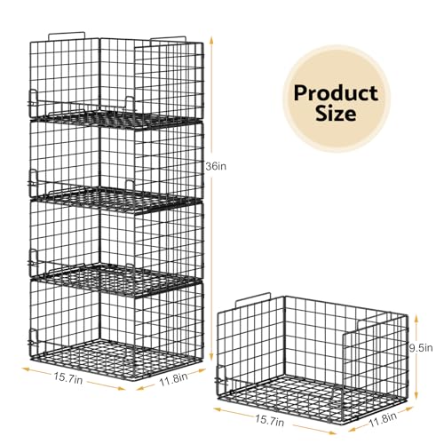 Black 4-Tier Stackable Closet Organizer Bins - Foldable Metal Storage Shelves