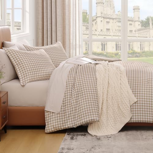 Twin Gingham Comforter Set - Tan Checkered Grid Bedding with Pillowcase - 66x90 inches - Variation 05