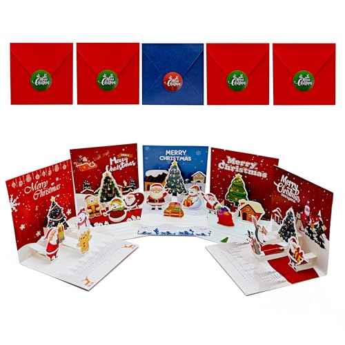 AIMI Christmas Greeting Cards 5 Pack Christmas Gift Cards with Envelopes 3D Pop Up Xmas Gift Card Bright Cheerful Prints Merry Christmas Holiday Cards
